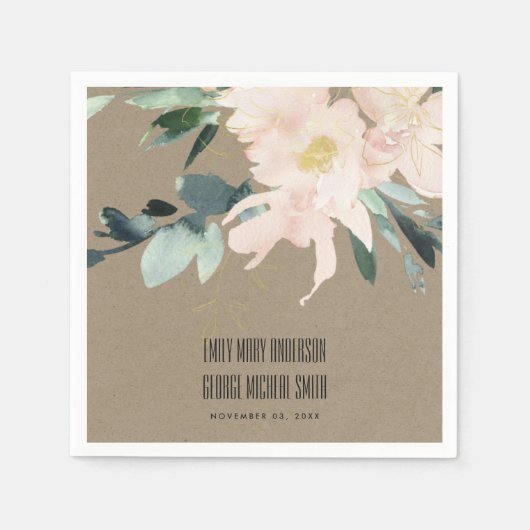 RUSTIC BLUSH KRAFT FLORAL BUNCH WATERVERF WEDING SERVET (Voorkant)