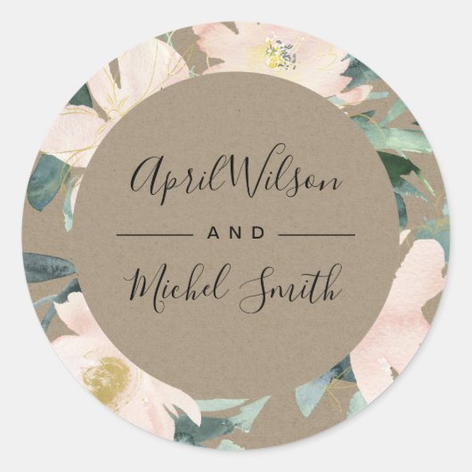 RUSTIC BLUSH KRAFT FLORAL LIJST WATERVERF WEDING RONDE STICKER (Voorkant)