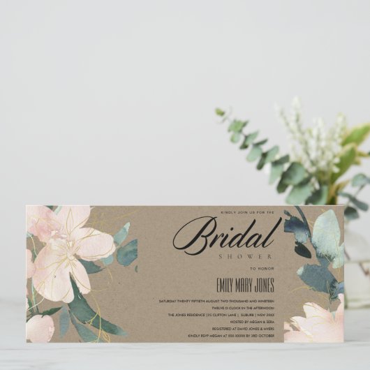 RUSTIC BLUSH KRAFT FLORAL WATERVERF VRIJGEZELLENFE KAART (Staand voorkant)
