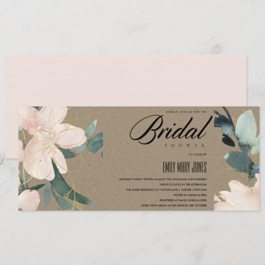 RUSTIC BLUSH KRAFT FLORAL WATERVERF VRIJGEZELLENFE KAART (Voorkant / Achterkant)