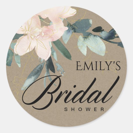 RUSTIC BLUSH KRAFT FLORAL WATERVERF VRIJGEZELLENFE RONDE STICKER (Voorkant)