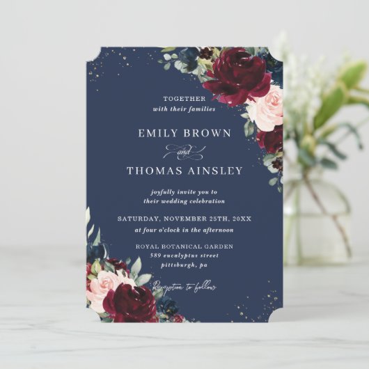Rustic Blush Navy Blue Floral Greenery Wedding Inv Kaart (Staand voorkant)