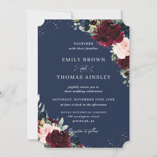 Rustic Blush Navy Blue Floral Greenery Wedding Inv Kaart (Voorkant)
