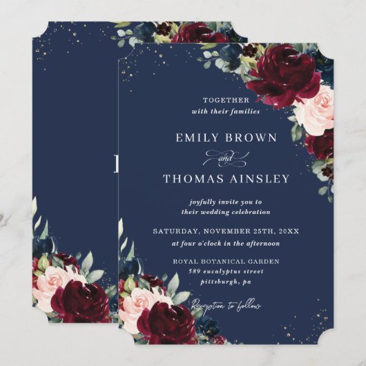 Rustic Blush Navy Blue Floral Greenery Wedding Inv Kaart (Voorkant / Achterkant)