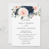 Rustic Blush Navy Blue Floral Greenery Wedding Kaart (Voorkant)
