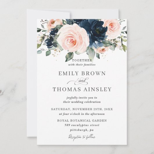 Rustic Blush Navy Blue Floral Greenery Wedding Kaart (Voorkant)