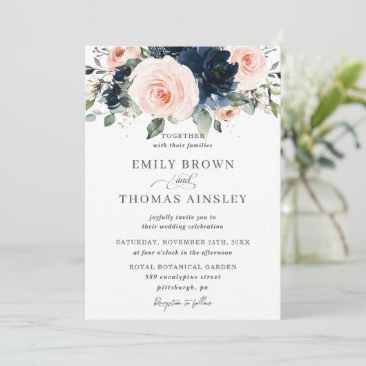 Rustic Blush Navy Blue Floral Greenery Wedding Kaart (Staand voorkant)