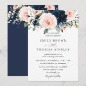 Rustic Blush Navy Blue Floral Greenery Wedding Kaart (Voorkant / Achterkant)