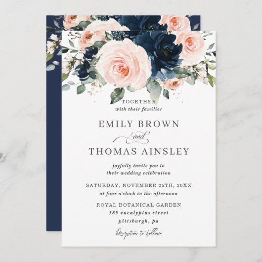 Rustic Blush Navy Blue Floral Greenery Wedding Kaart (Voorkant / Achterkant)