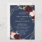 Rustic Blush Navy Blue Floral Greenery Wedding Kaart (Voorkant)