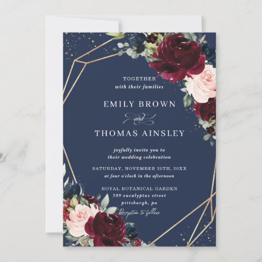 Rustic Blush Navy Blue Floral Greenery Wedding Kaart (Voorkant)