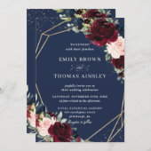 Rustic Blush Navy Blue Floral Greenery Wedding Kaart (Voorkant / Achterkant)