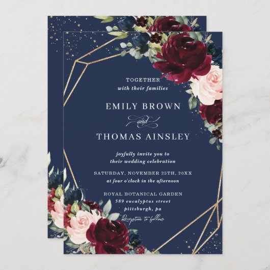 Rustic Blush Navy Blue Floral Greenery Wedding Kaart (Voorkant / Achterkant)