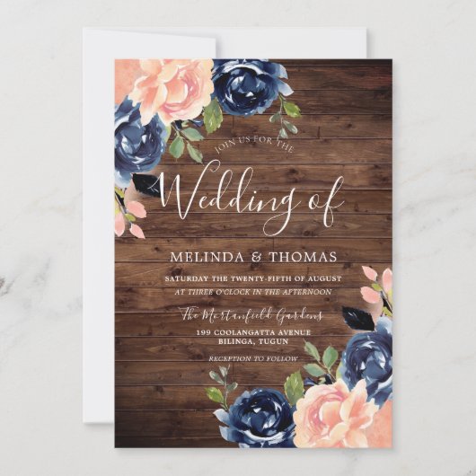 Rustic Blush & Navy Blue Flowers Wedding Kaart (Voorkant)