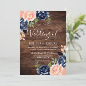 Rustic Blush & Navy Blue Flowers Wedding Kaart (Staand voorkant)