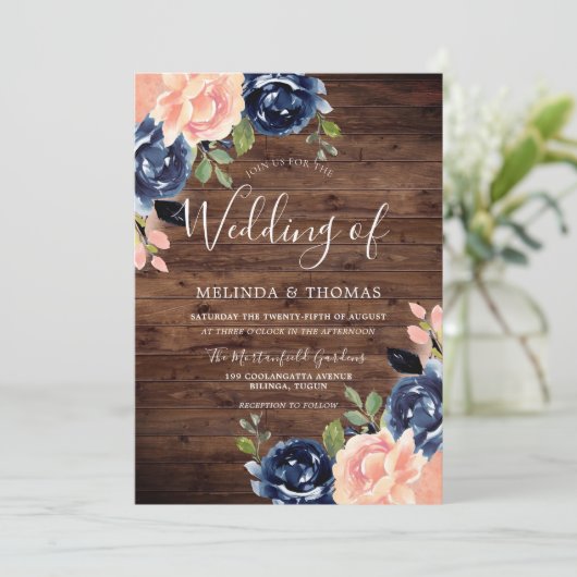 Rustic Blush & Navy Blue Flowers Wedding Kaart (Staand voorkant)