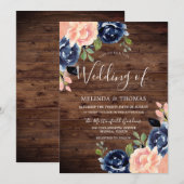 Rustic Blush & Navy Blue Flowers Wedding Kaart (Voorkant / Achterkant)