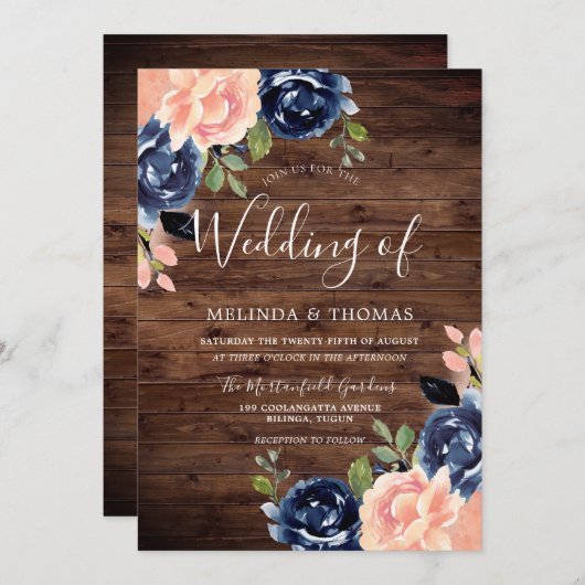 Rustic Blush & Navy Blue Flowers Wedding Kaart (Voorkant / Achterkant)