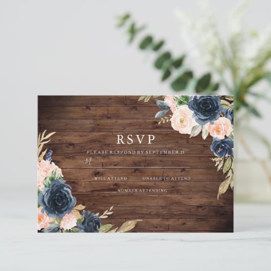 Rustic Blush & Navy Elegant Spring Wedding RSVP Kaartje (Staand voorkant)