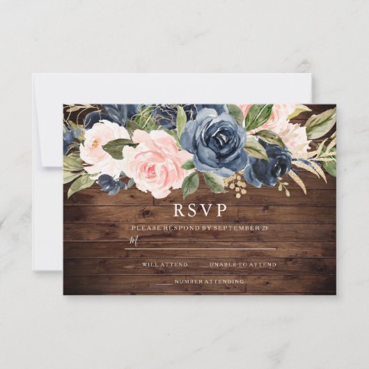 Rustic Blush & Navy Floral Wedding Invitation RSVP (Voorkant)