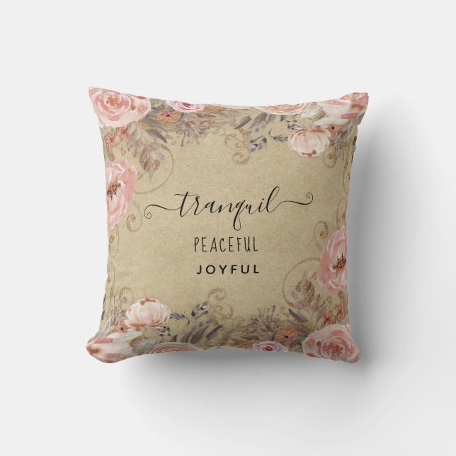 Rustic Blush Peach Floral Tranquil vreedzame vreug Kussen (Voorkant)