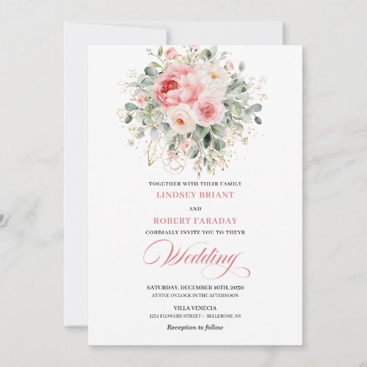 Rustic Blush Peony Gold Frame Wedding Invitation Kaart (Voorkant)