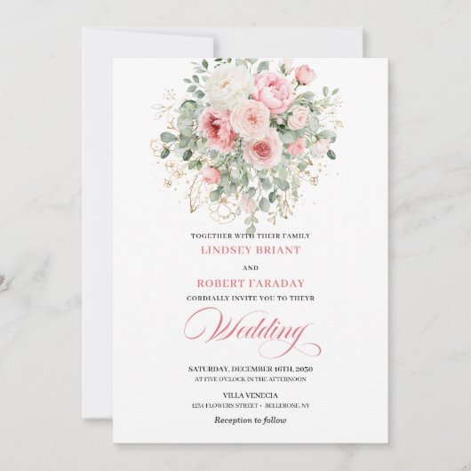 Rustic Blush Peony Greenery Gold Wedding Invitatio Kaart (Voorkant)
