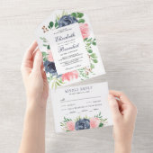 Rustic Blush Pink and Navy Blue Floral Wedding All In One Uitnodiging (Afscheurbaar)
