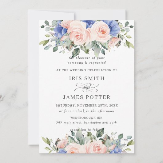 Rustic Blush Pink Blue Floral Greenery Wedding Kaart (Voorkant)