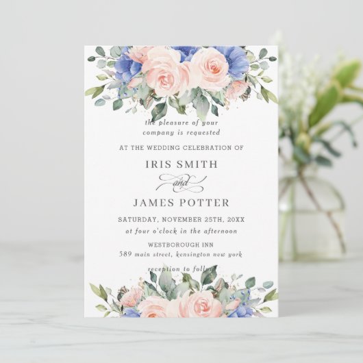 Rustic Blush Pink Blue Floral Greenery Wedding Kaart (Staand voorkant)
