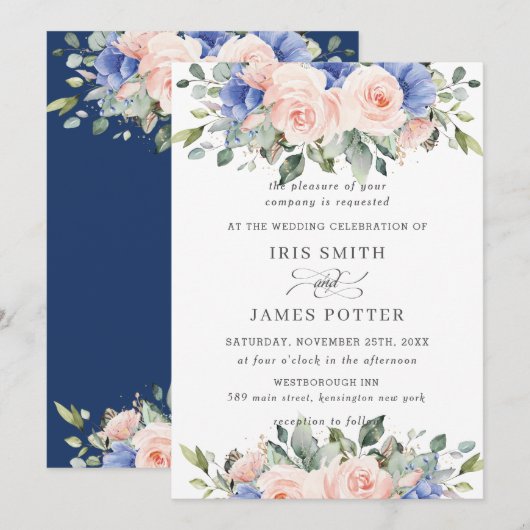 Rustic Blush Pink Blue Floral Greenery Wedding Kaart (Voorkant / Achterkant)
