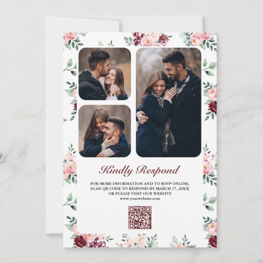 Rustic Blush Pink Burgundy Floral QR Code Weddensc Kaart (Achterkant)
