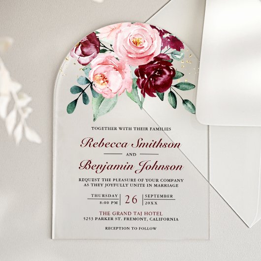 Rustic Blush Pink Burgundy Floral Wedding Acryl Uitnodigingen