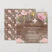 Rustic Blush Pink Floral First Heilige Communie Kaart (Voorkant / Achterkant)