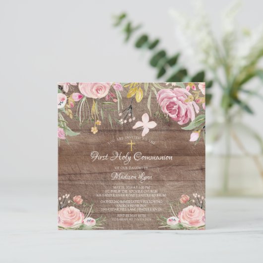 Rustic Blush Pink Floral First Heilige Communie Kaart (Staand voorkant)