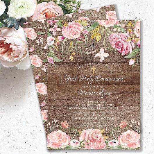 Rustic Blush Pink Floral First Heilige Communie Kaart
