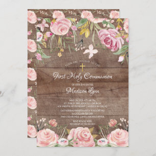 Rustic Blush Pink Floral First Heilige Communie Kaart