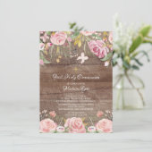 Rustic Blush Pink Floral First Heilige Communie Kaart (Staand voorkant)