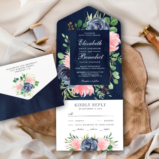 Rustic Blush Pink Floral Navy Blue Wedding All In One Uitnodiging