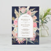 Rustic Blush Pink Floral Pampas Navy Blue Wedding Kaart (Staand voorkant)