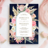 Rustic Blush Pink Floral Pampas Navy Blue Wedding Kaart