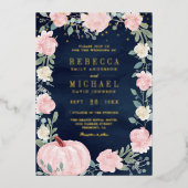 Rustic Blush Pink Floral Pumpkin Navy Weddenschap  Folie Uitnodiging (Voorkant)