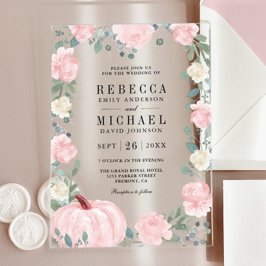 Rustic Blush Pink Floral Pumpkin Wedding Acryl Uitnodigingen