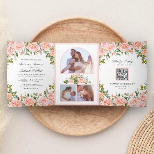 Rustic Blush Pink Floral QR Code Weddenschap Drieluik Uitnodiging