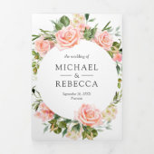 Rustic Blush Pink Floral QR Code Weddenschap Drieluik Uitnodiging (Cover)