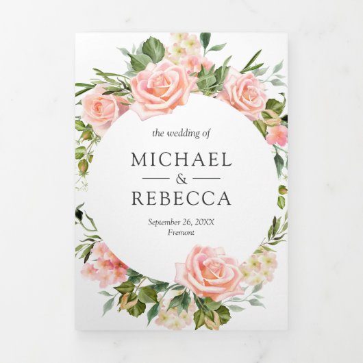 Rustic Blush Pink Floral QR Code Weddenschap Drieluik Uitnodiging (Cover)