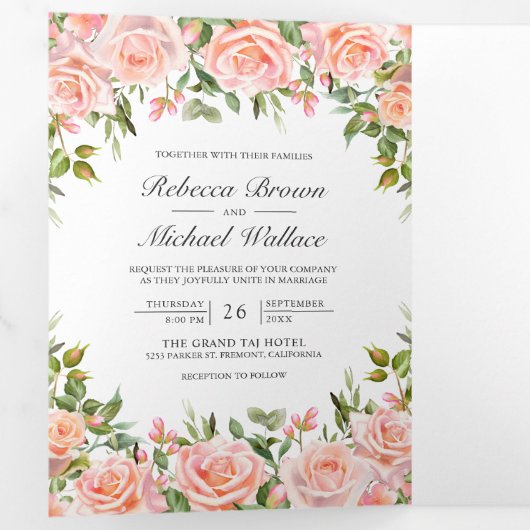Rustic Blush Pink Floral QR Code Weddenschap Drieluik Uitnodiging (Binnenzijde eerst)