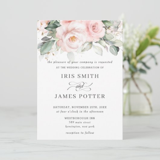Rustic Blush Pink Floral Rozen Greenery Wedding Kaart (Staand voorkant)