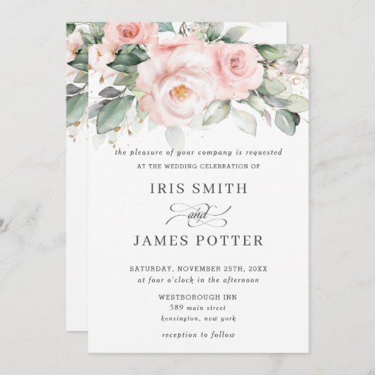 Rustic Blush Pink Floral Rozen Greenery Wedding Kaart (Voorkant / Achterkant)