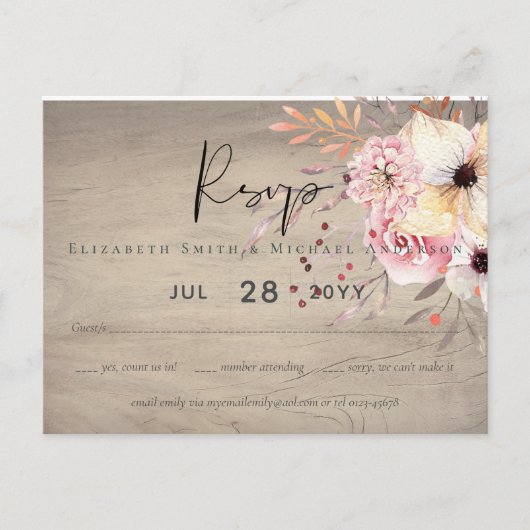 Rustic Blush Pink Floral Sage Wedding RSVP Briefkaart (Voorkant)